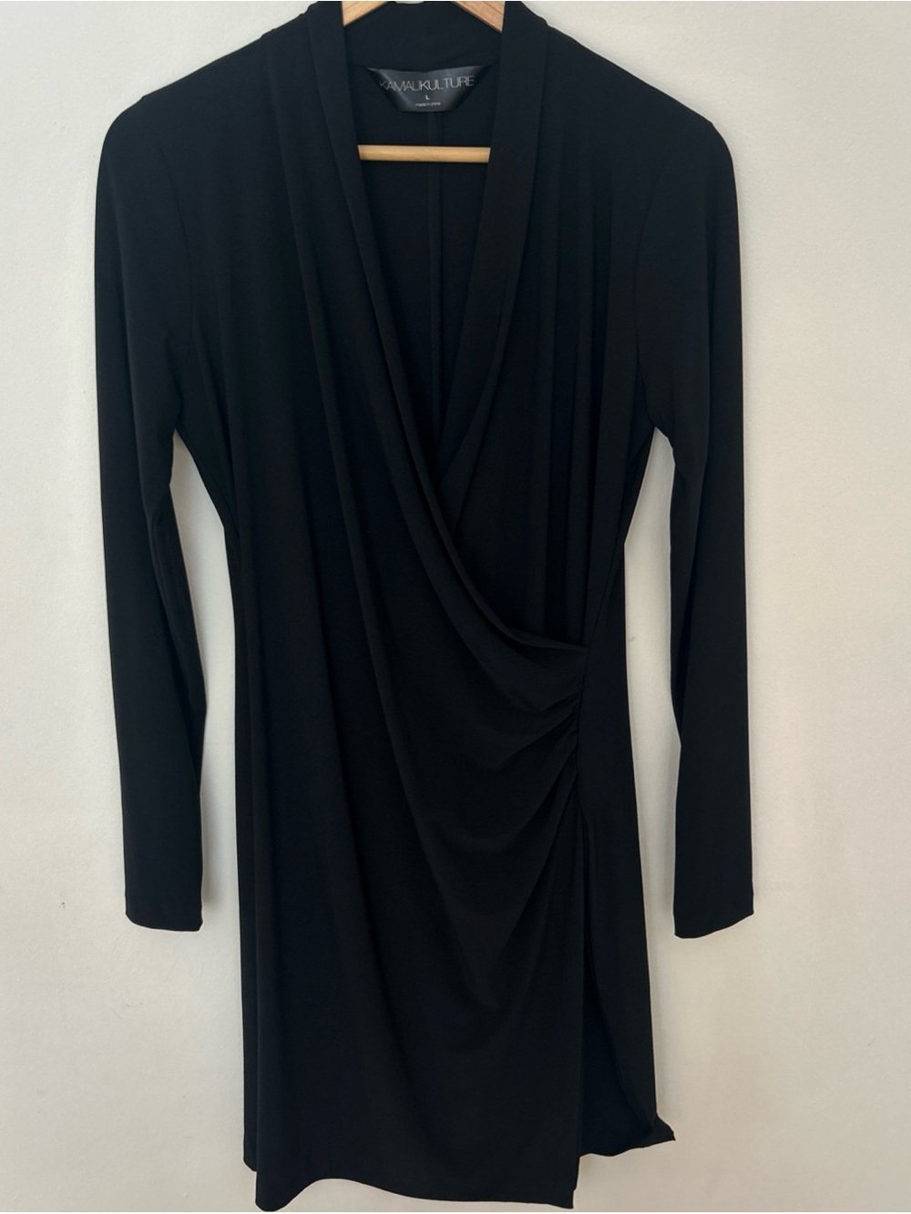 Black Faux Wrap Midi Dress V Neck Ruched Long Sleeve Kamali Kulture Size L